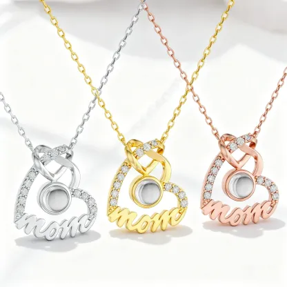 Custom Photo Projection Double Heart Shape Name Necklace with Pavé Accents
