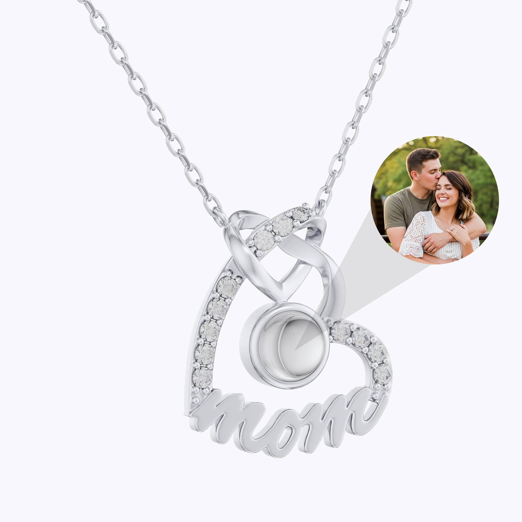 Custom Photo Projection Double Heart Shape Name Necklace with Pavé Accents
