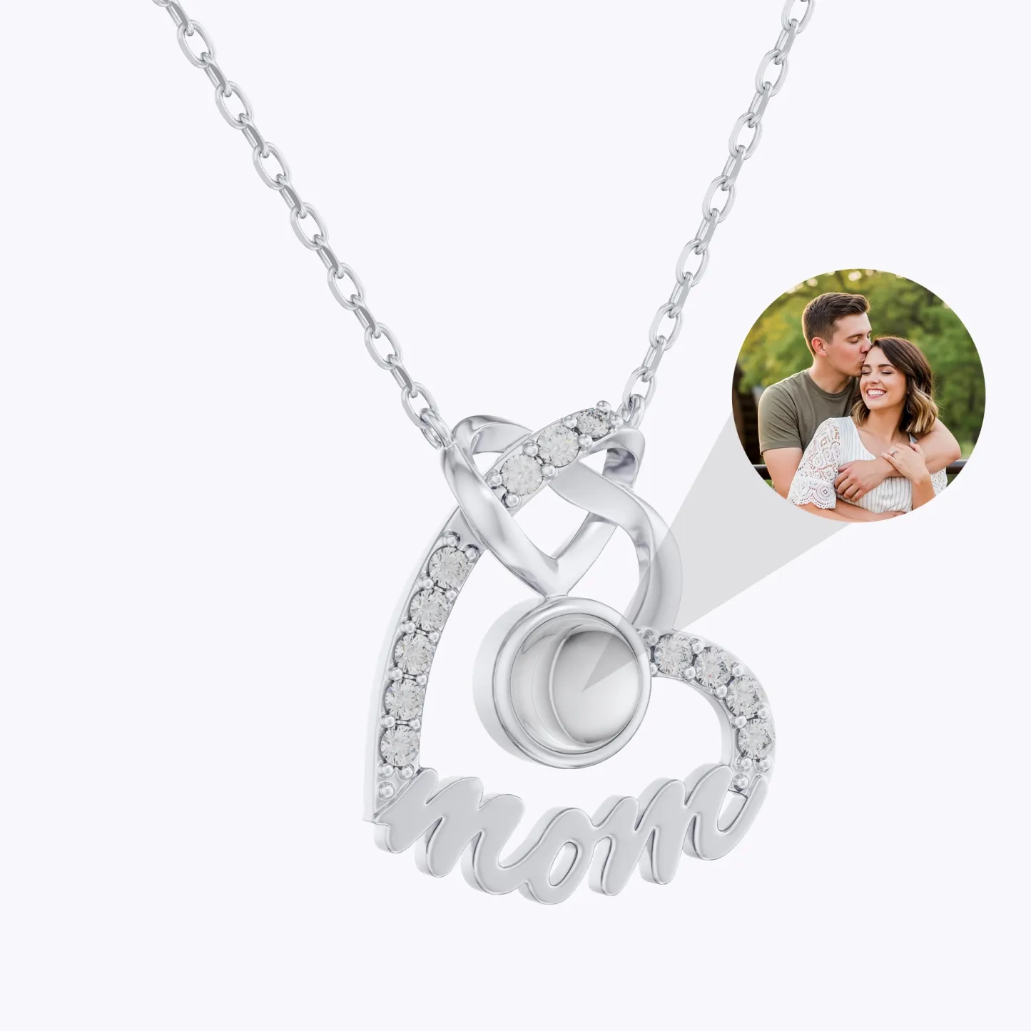 Custom Photo Projection Double Heart Shape Name Necklace with Pavé Accents