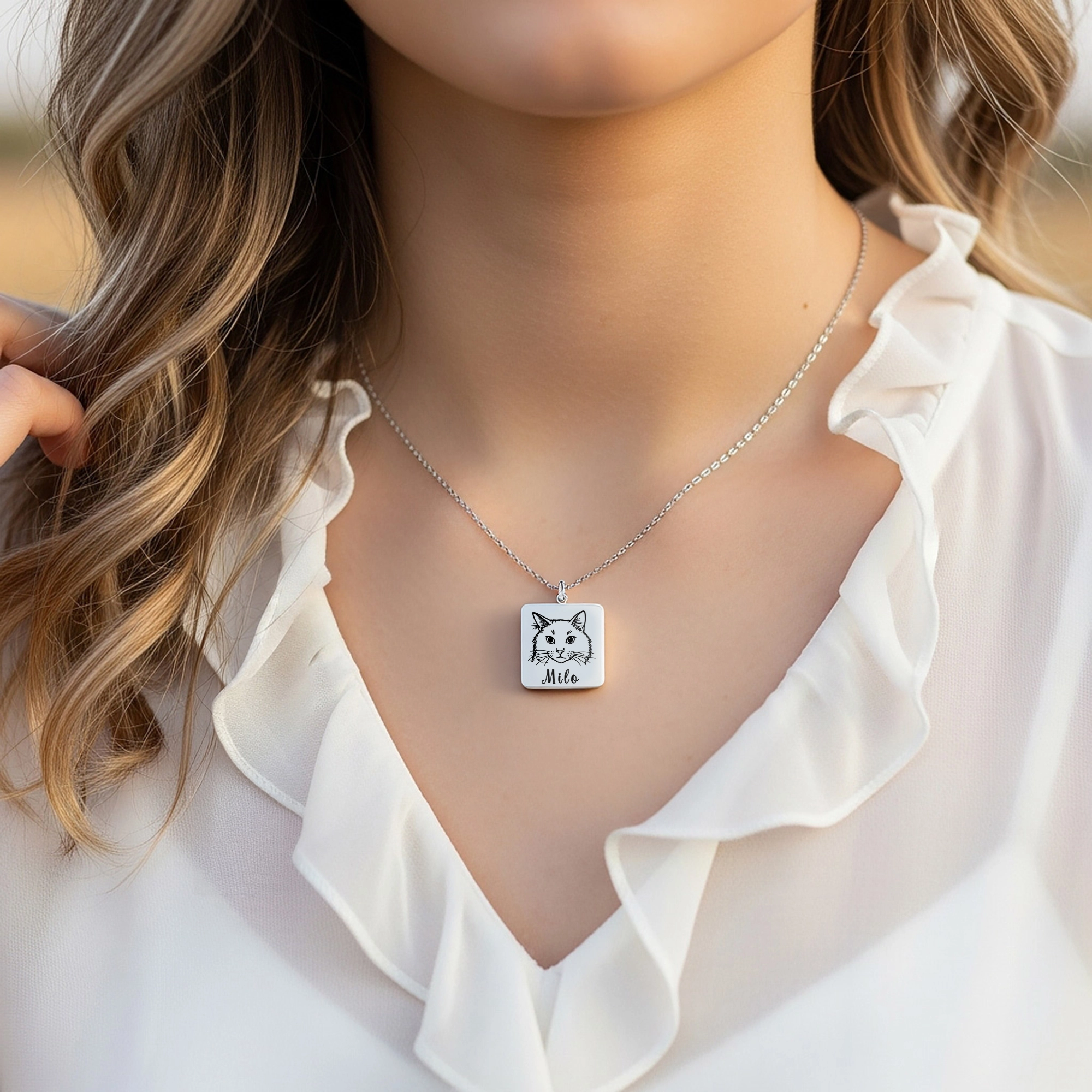 Custom Square Pendant Necklace with Pet Portrait & Name