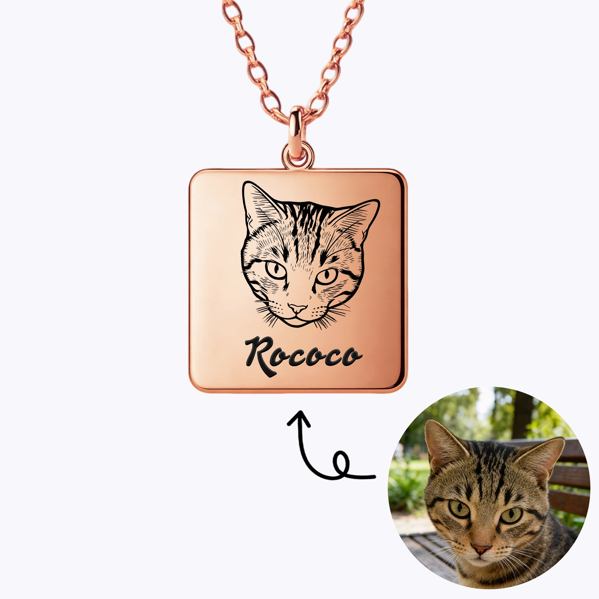 Custom Square Pendant Necklace with Pet Portrait & Name