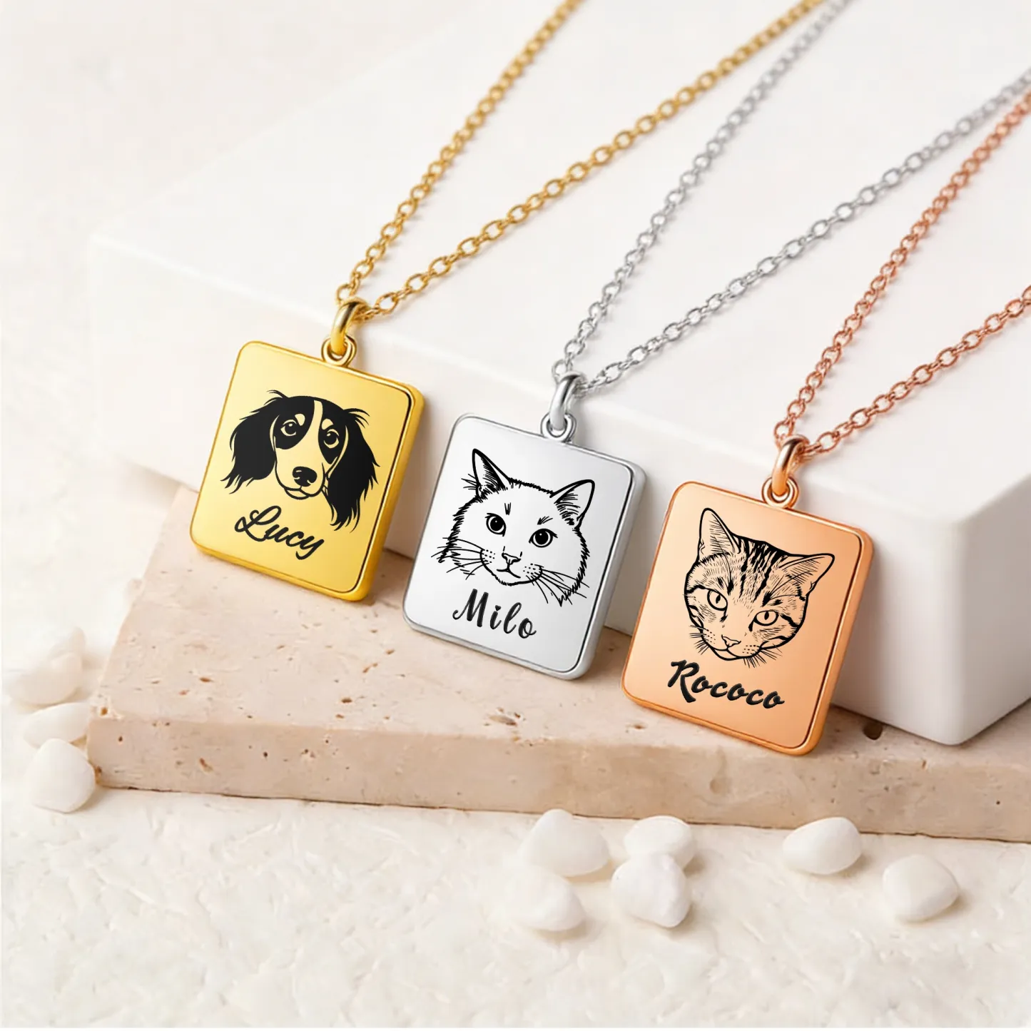 Custom Square Pendant Necklace with Pet Portrait & Name