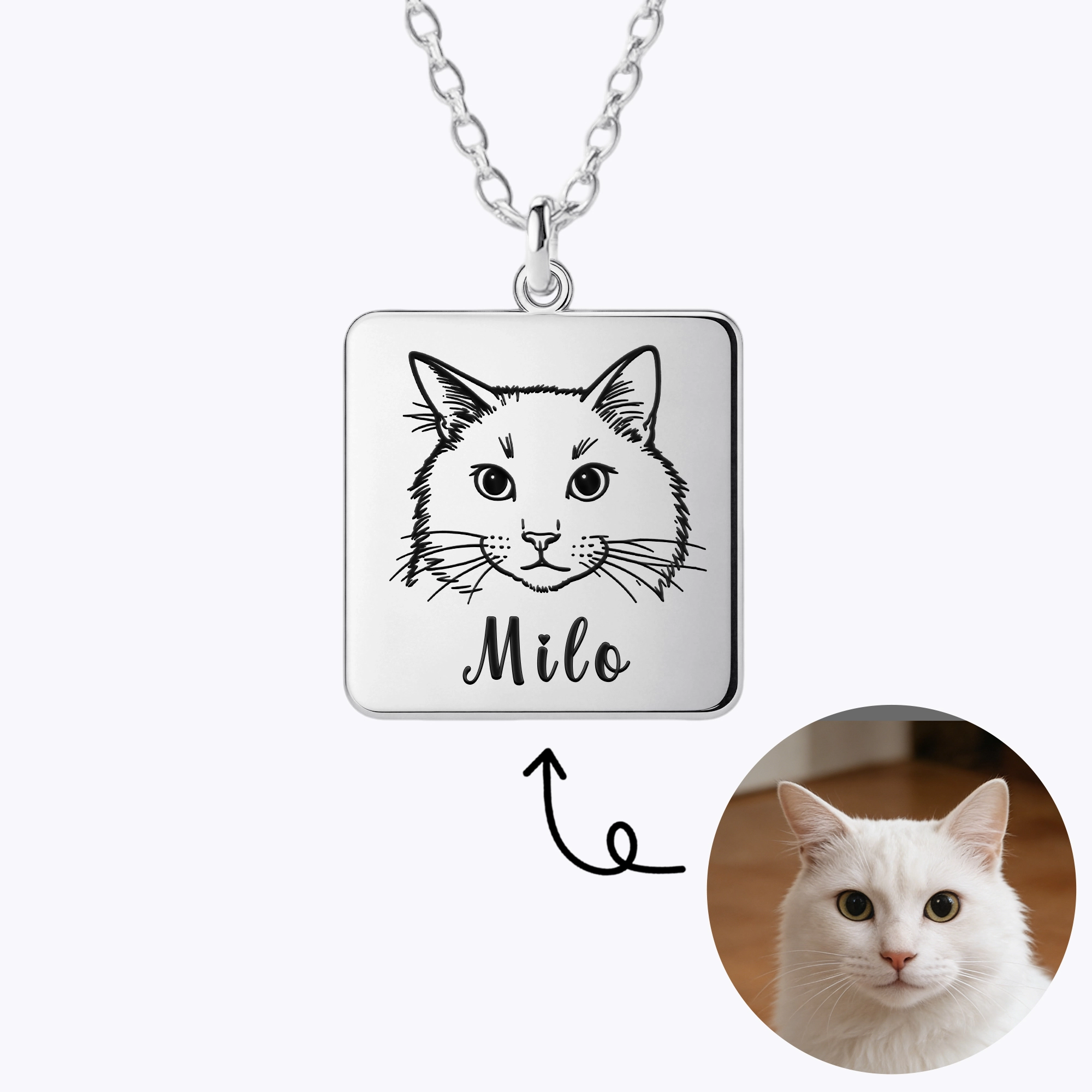 Custom Square Pendant Necklace with Pet Portrait & Name