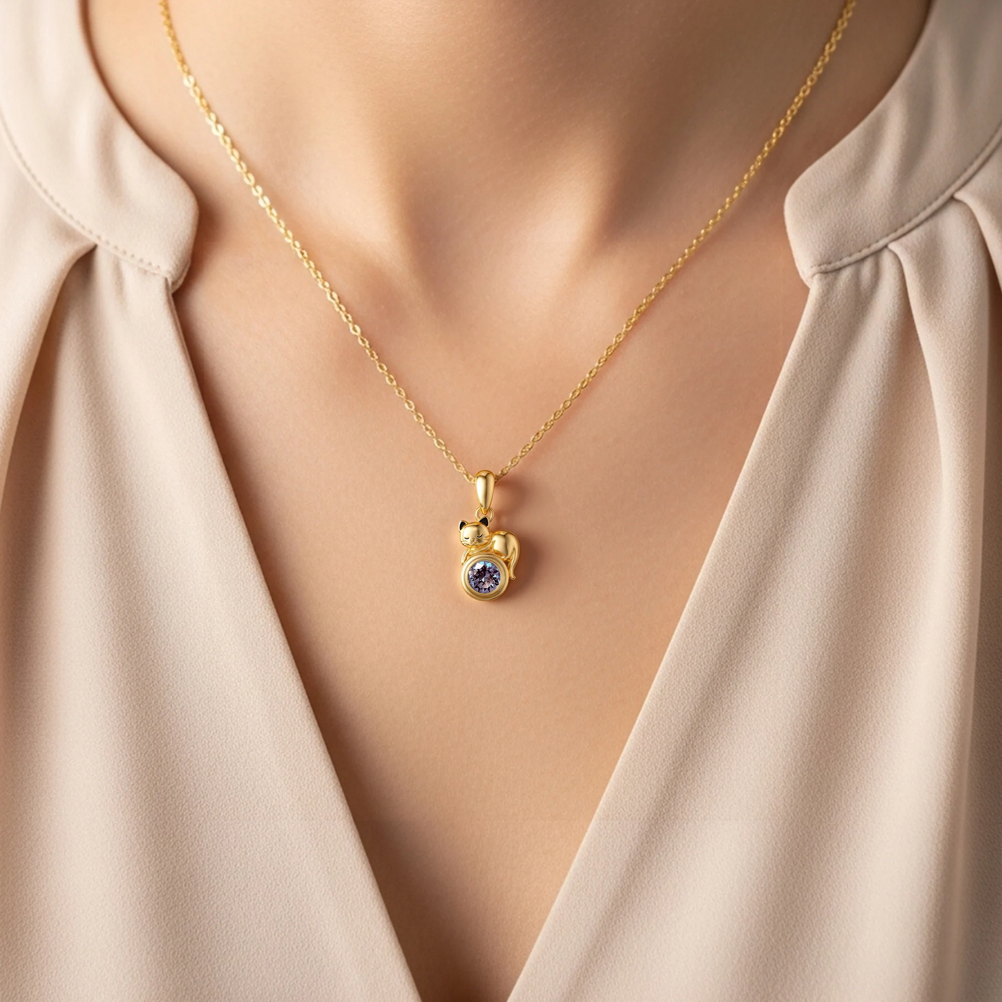 Custom Round Birthstone Cat Necklace