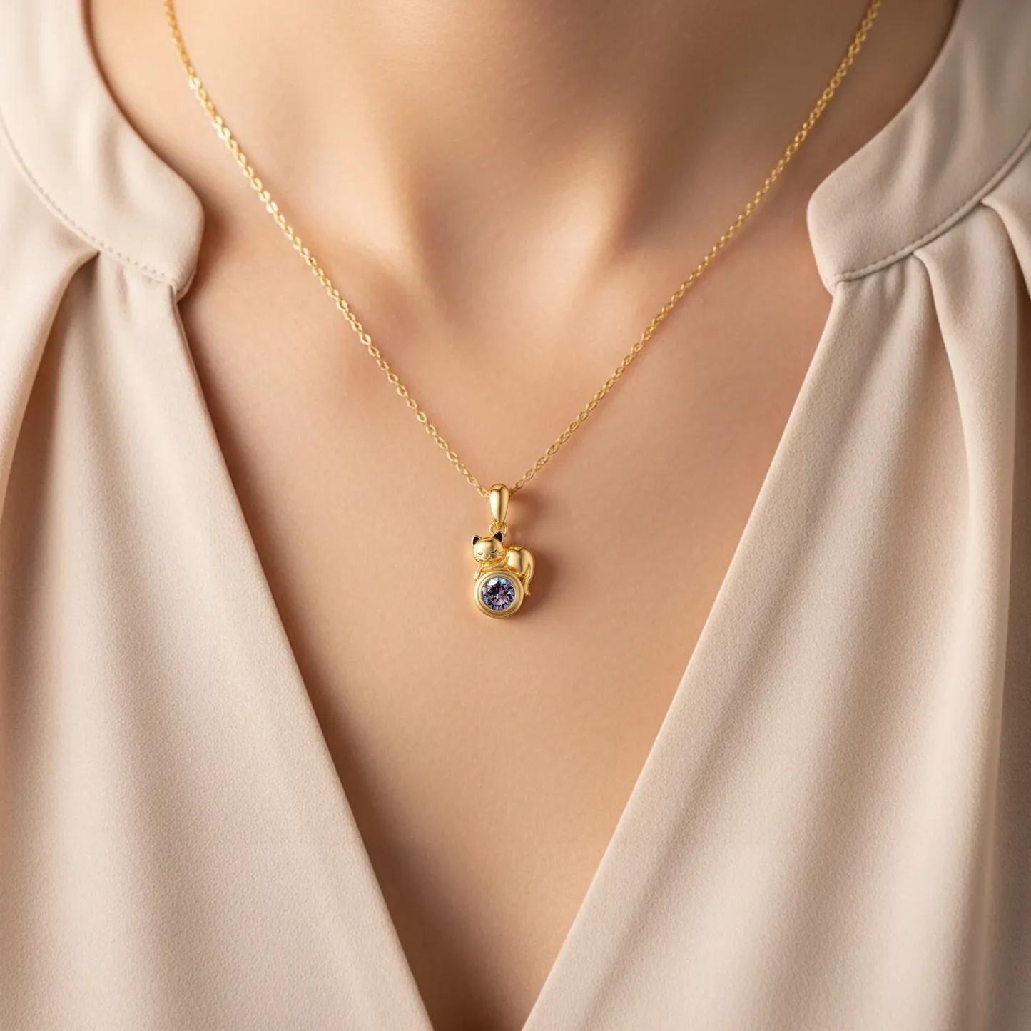 Custom Round Birthstone Cat Necklace