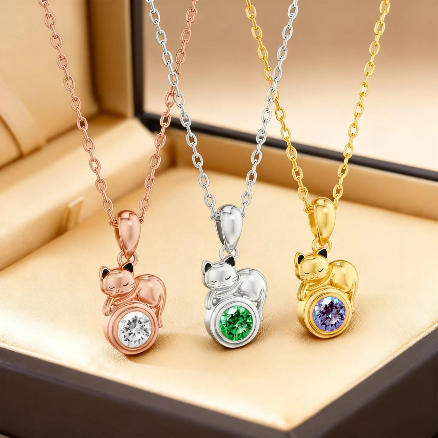 Custom Round Birthstone Cat Necklace
