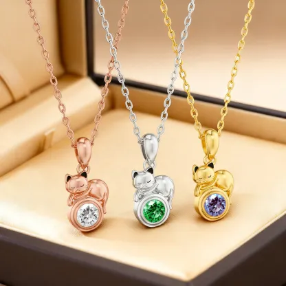 Custom Round Birthstone Cat Necklace