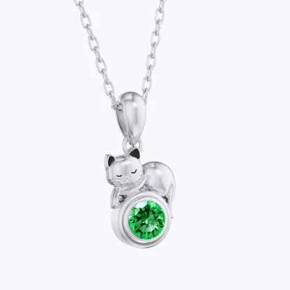 Custom Round Birthstone Cat Necklace