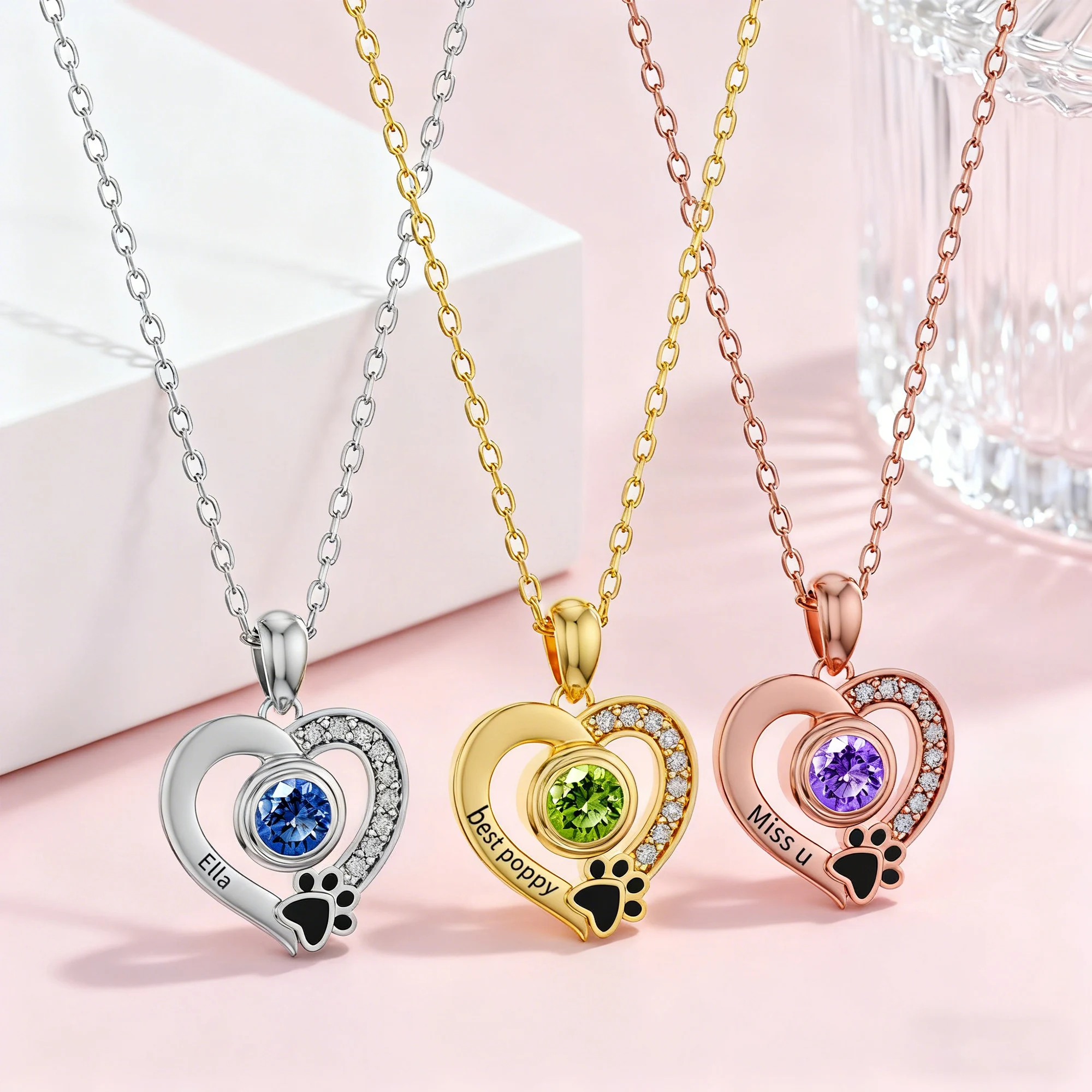 Custom Round Birthstone Heart Shape Pet Paw Print Necklace