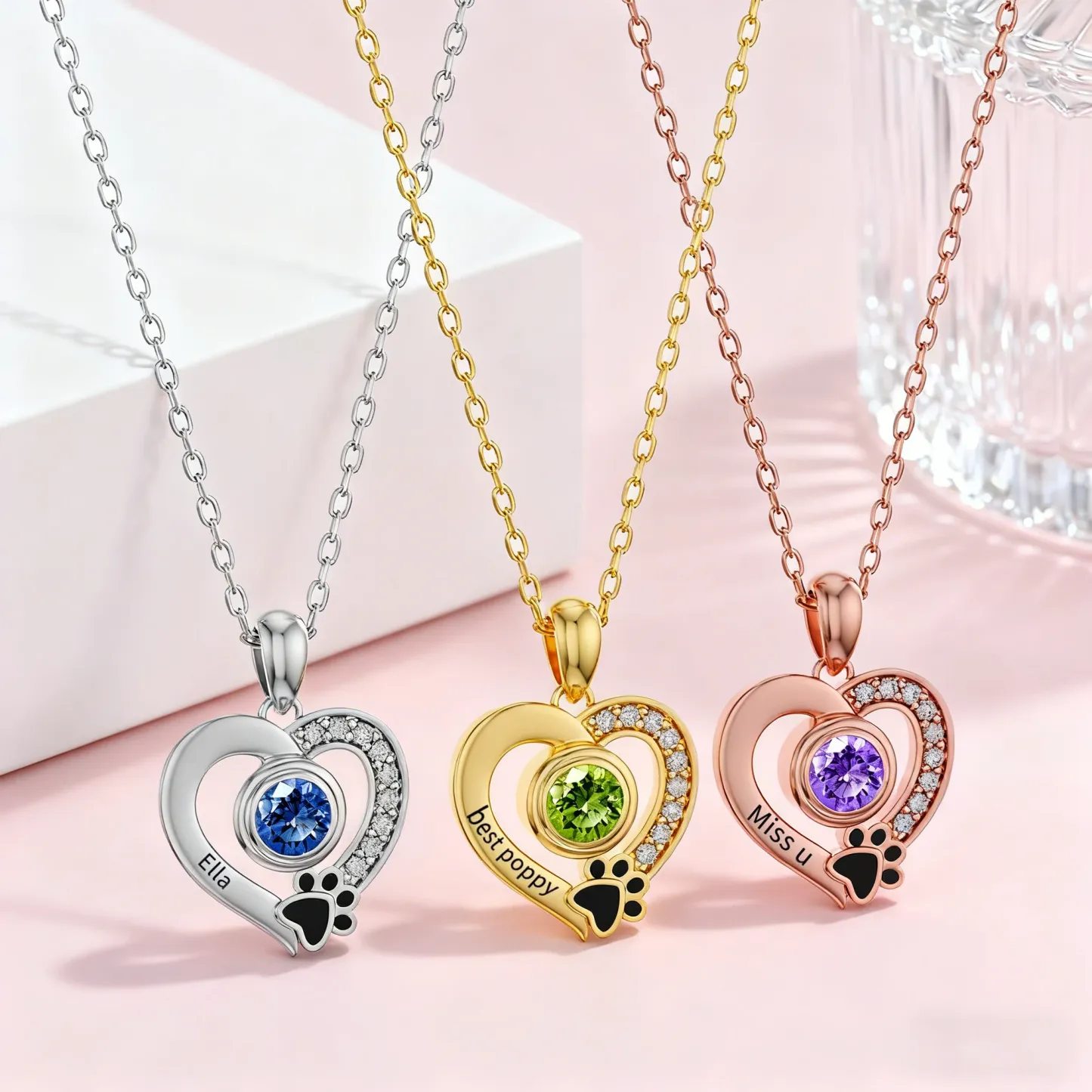 Custom Round Birthstone Heart Shape Pet Paw Print Necklace