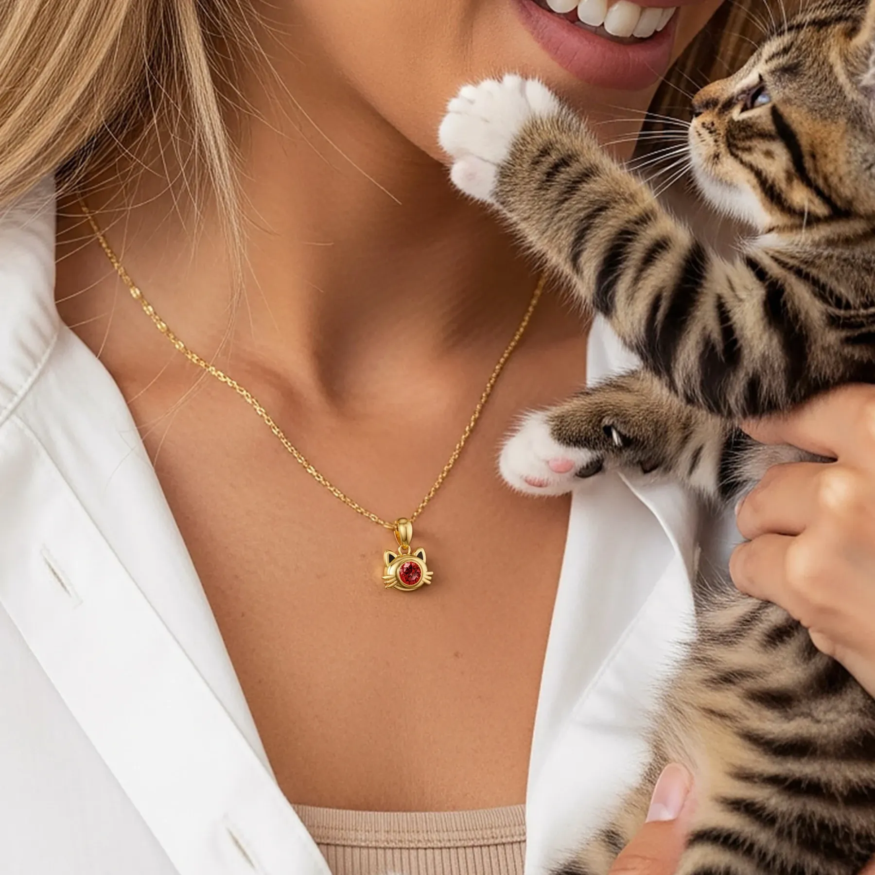 Custom Round Birthstone Cat Pendant Necklace