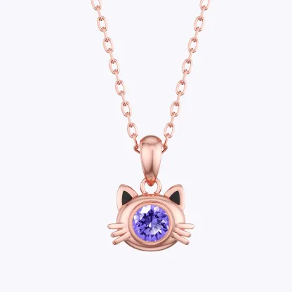 Custom Round Birthstone Cat Pendant Necklace