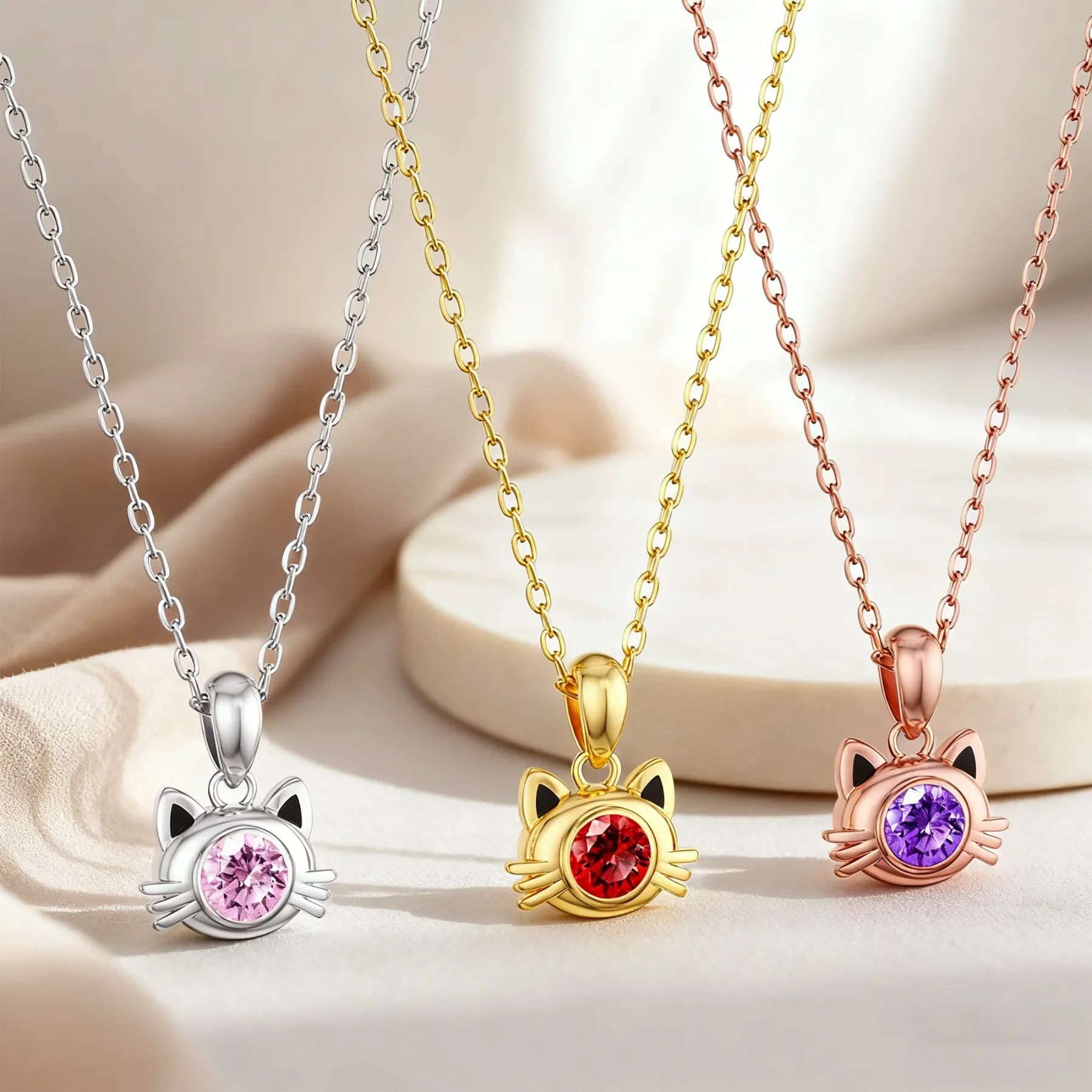 Custom Round Birthstone Cat Pendant Necklace