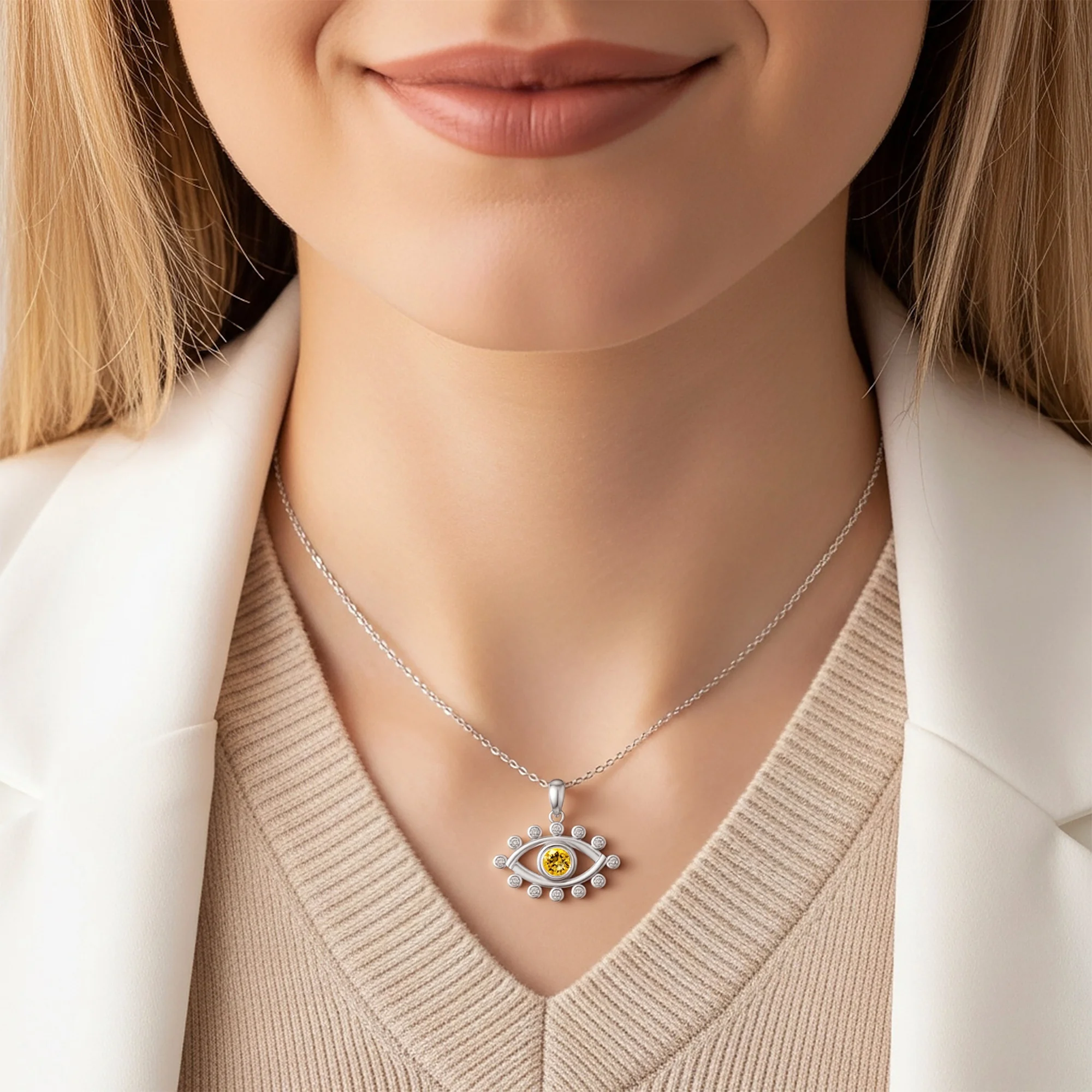 Custom Round Birthstone Crystal Evil Eye Necklace