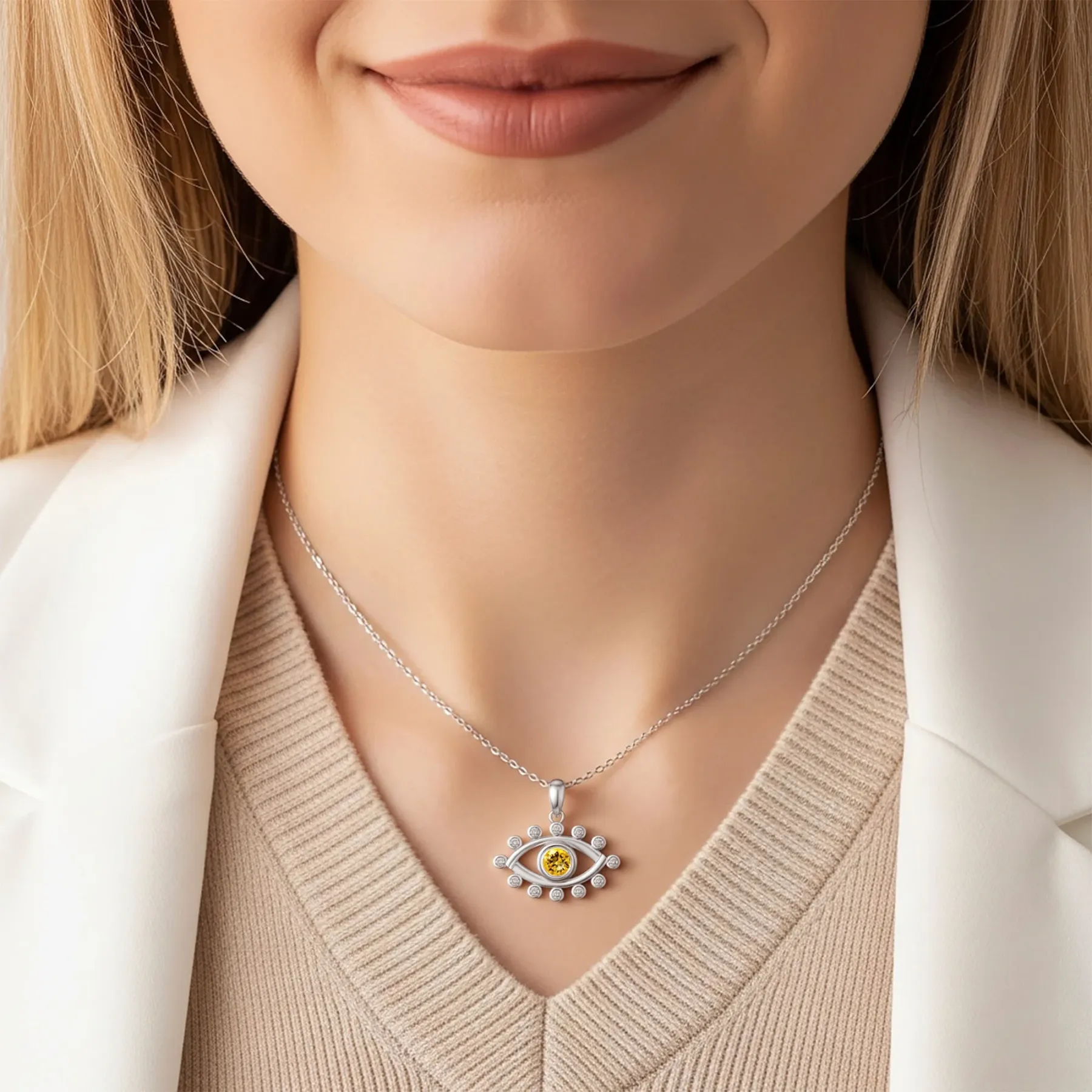 Custom Round Birthstone Crystal Evil Eye Necklace