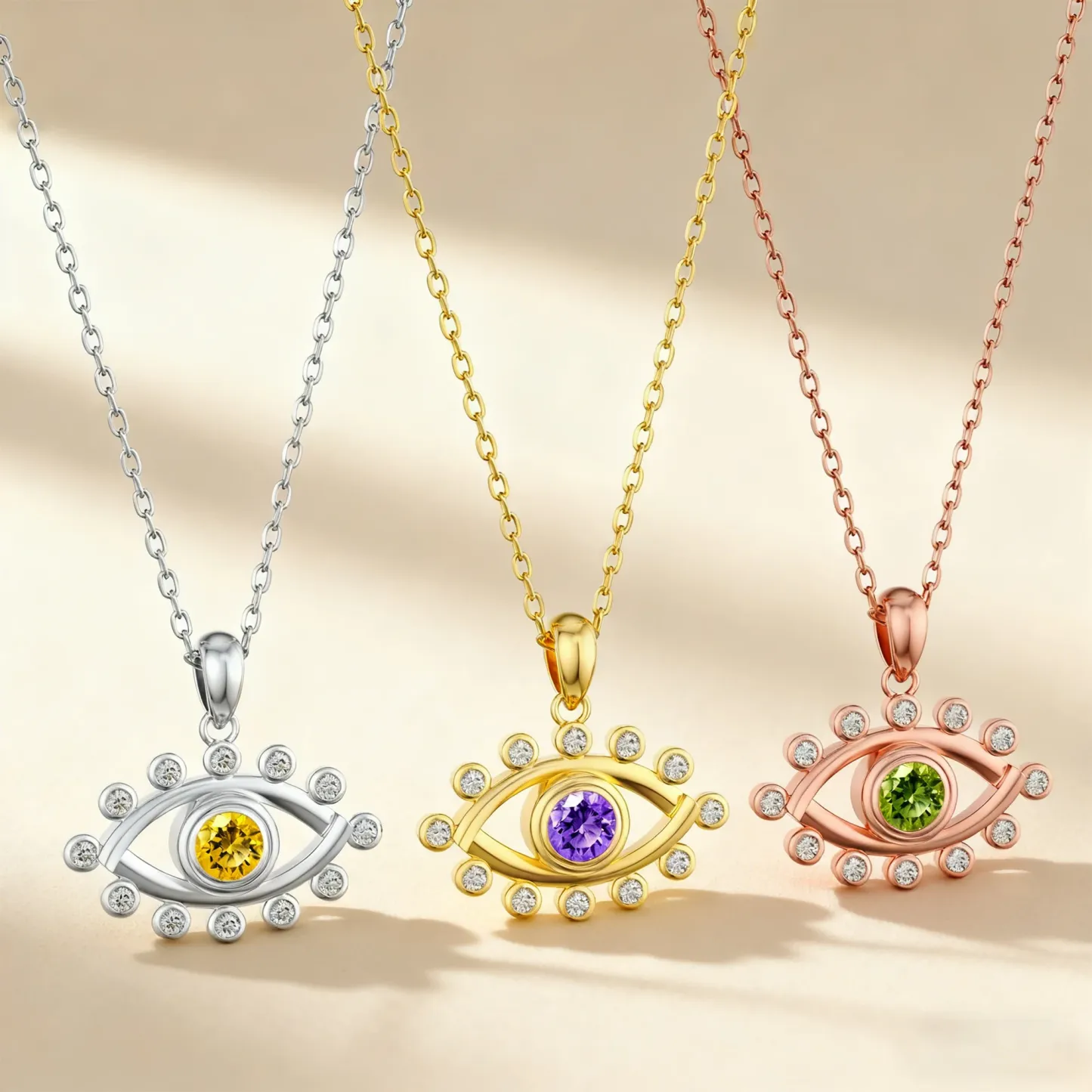 Custom Round Birthstone Crystal Evil Eye Necklace