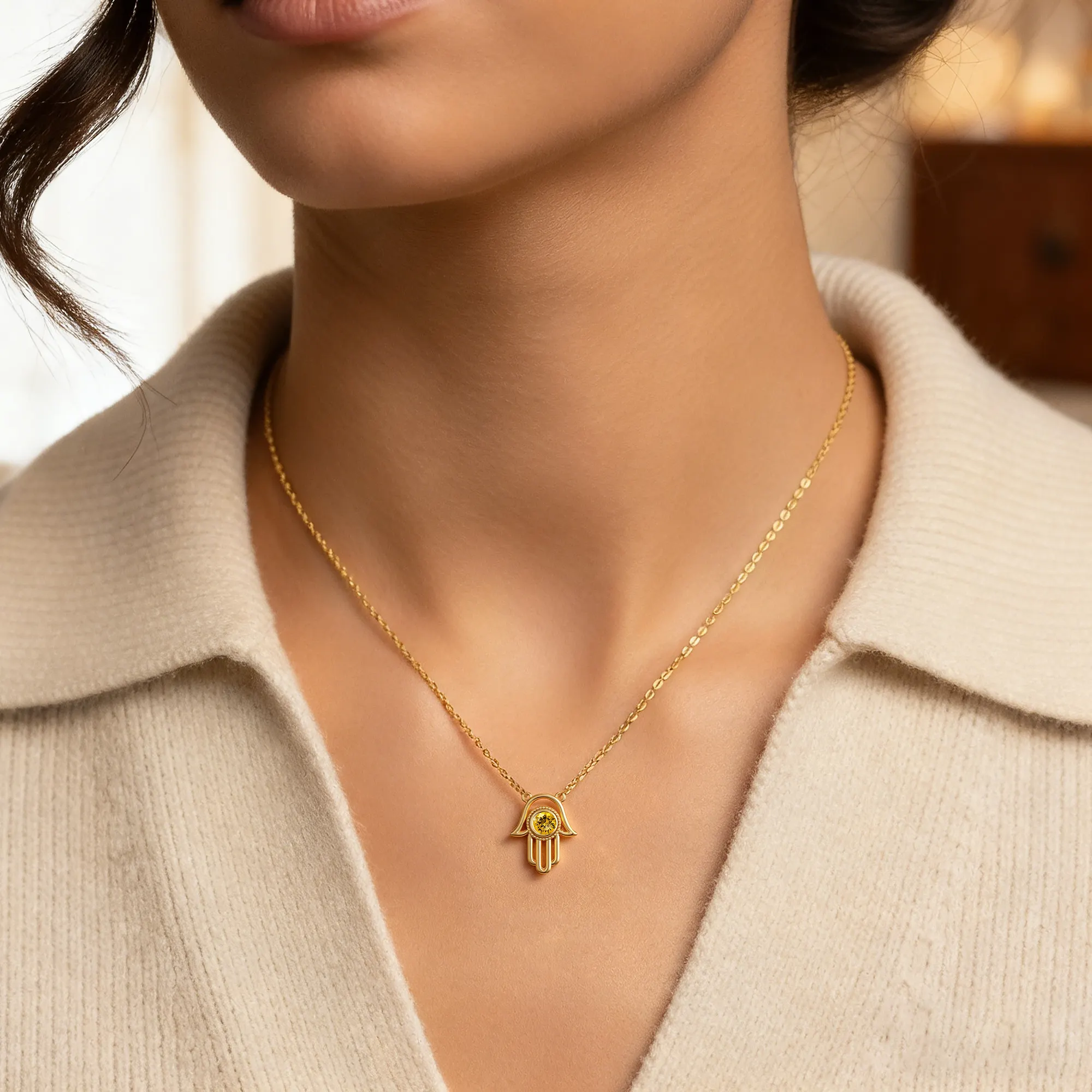 Custom Round Birthstone Hamsa Hand Necklace