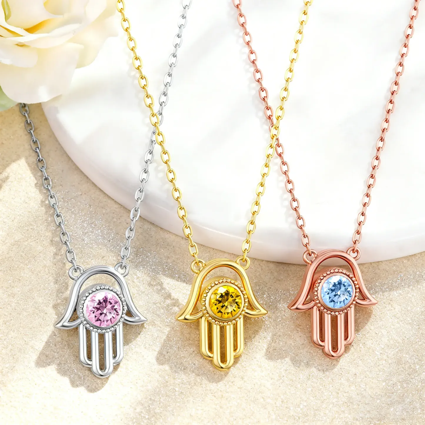 Custom Round Birthstone Hamsa Hand Necklace