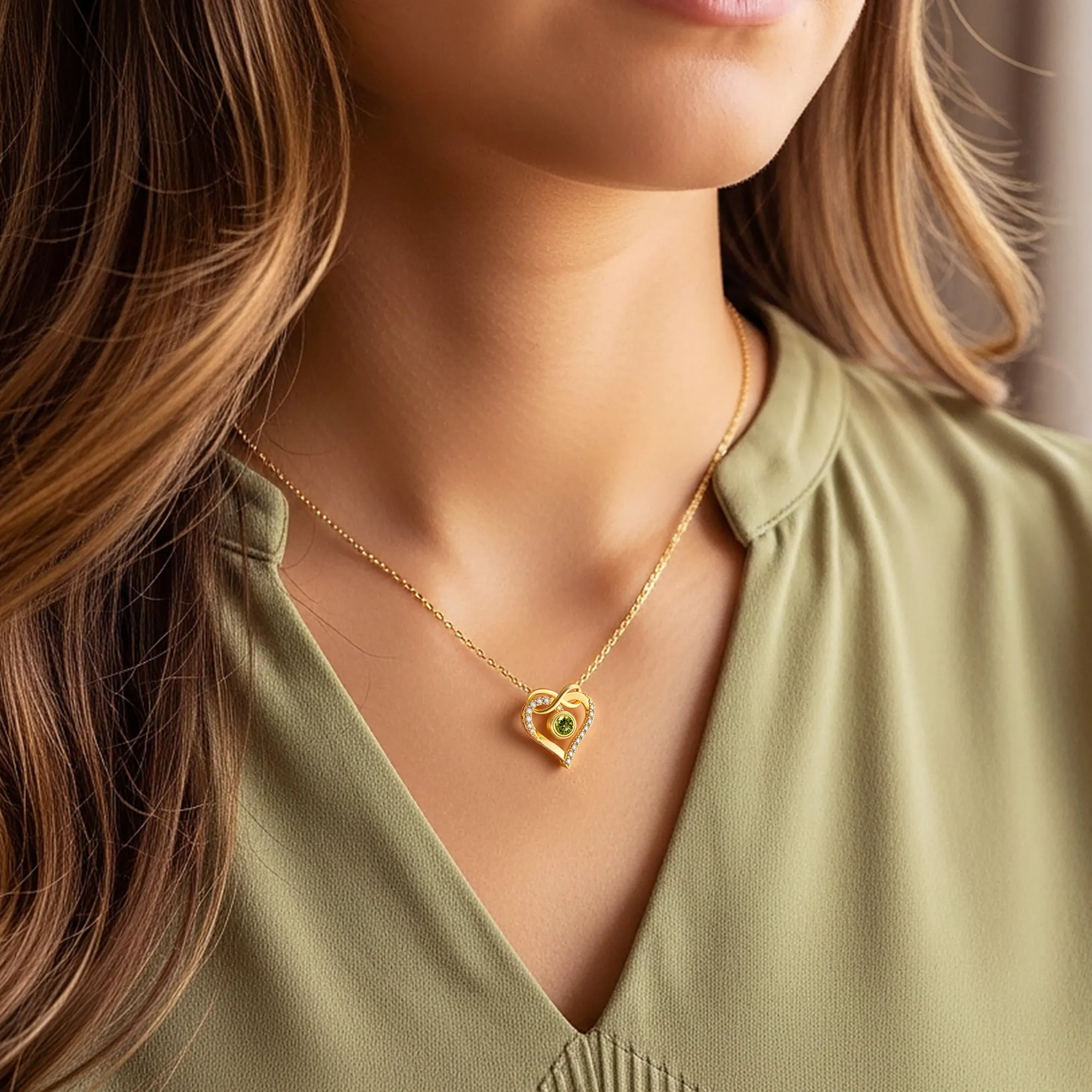 Custom Round Birthstone Heart Shape Infinity Necklace with Pavé Accents