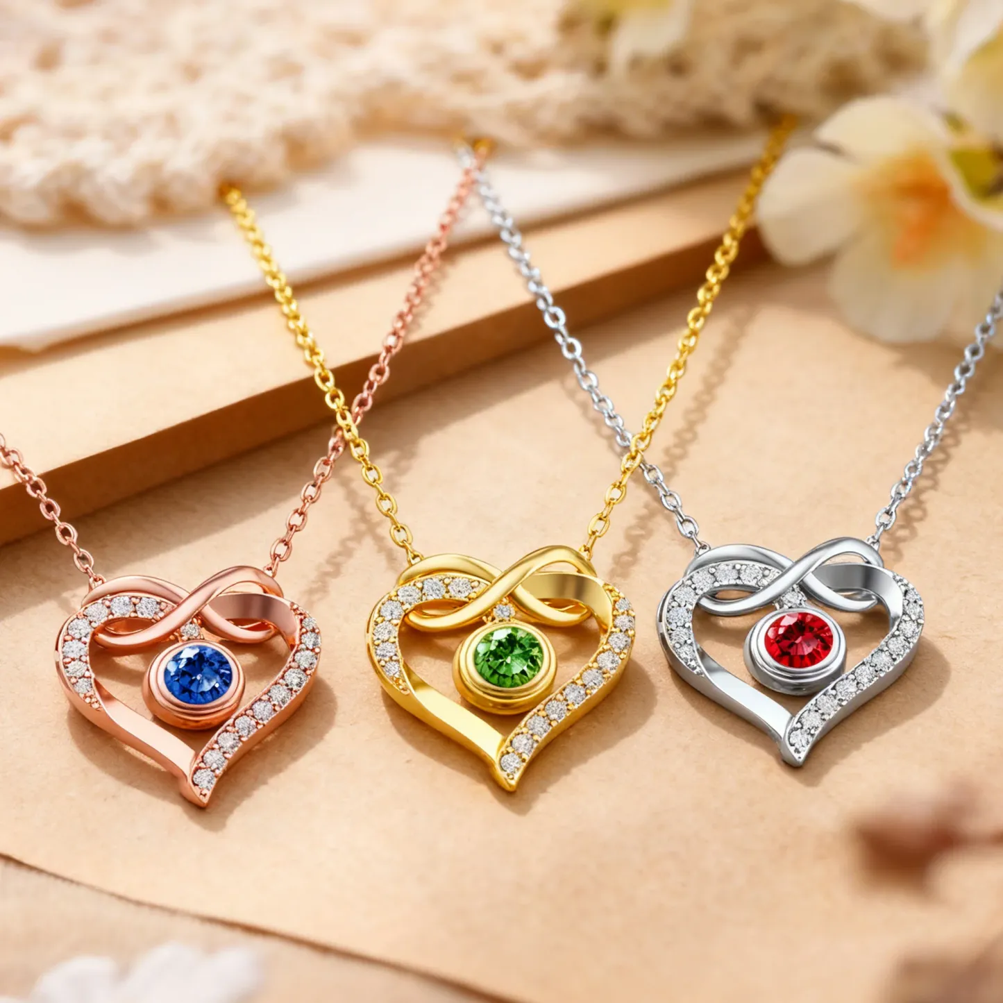 Custom Round Birthstone Heart Shape Infinity Necklace with Pavé Accents