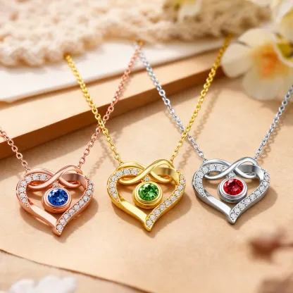 Custom Round Birthstone Heart Shape Infinity Necklace with Pavé Accents