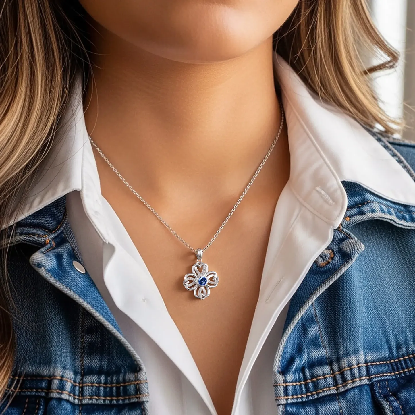 Custom Round Birthstone Lucky Clover Necklace with Pavé Accents