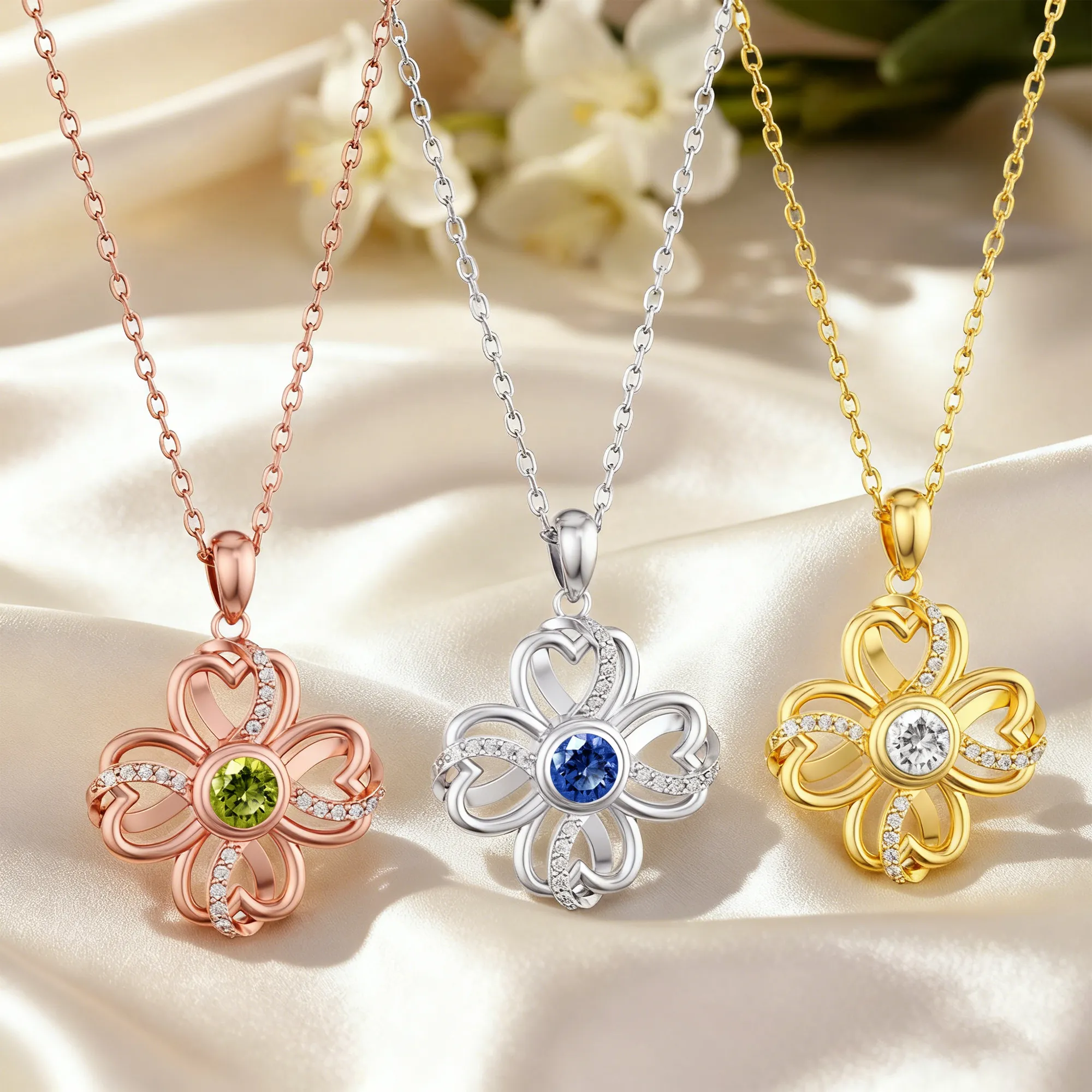 Custom Round Birthstone Lucky Clover Necklace with Pavé Accents