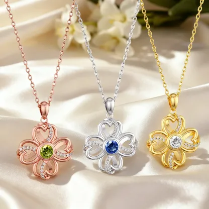 Custom Round Birthstone Lucky Clover Necklace with Pavé Accents
