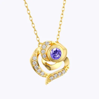 Custom Round Birthstone Rose Necklace with Pavé Accents