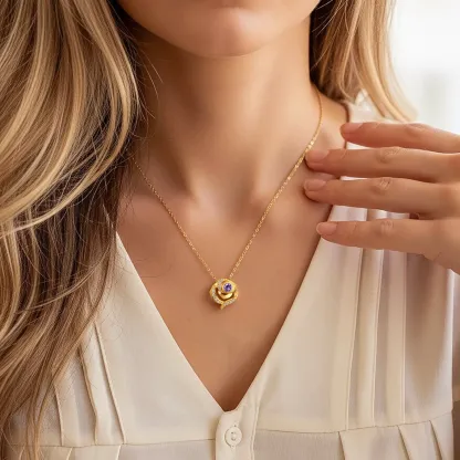 Custom Round Birthstone Rose Necklace with Pavé Accents