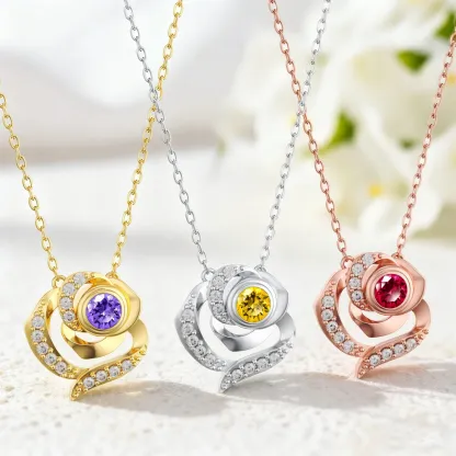 Custom Round Birthstone Rose Necklace with Pavé Accents