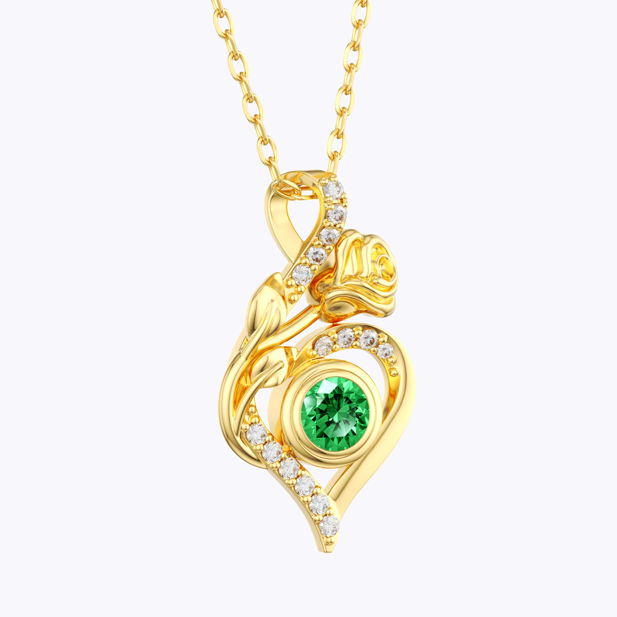 Custom Round Birthstone Rose Heart Shape Necklace with Pavé Accents