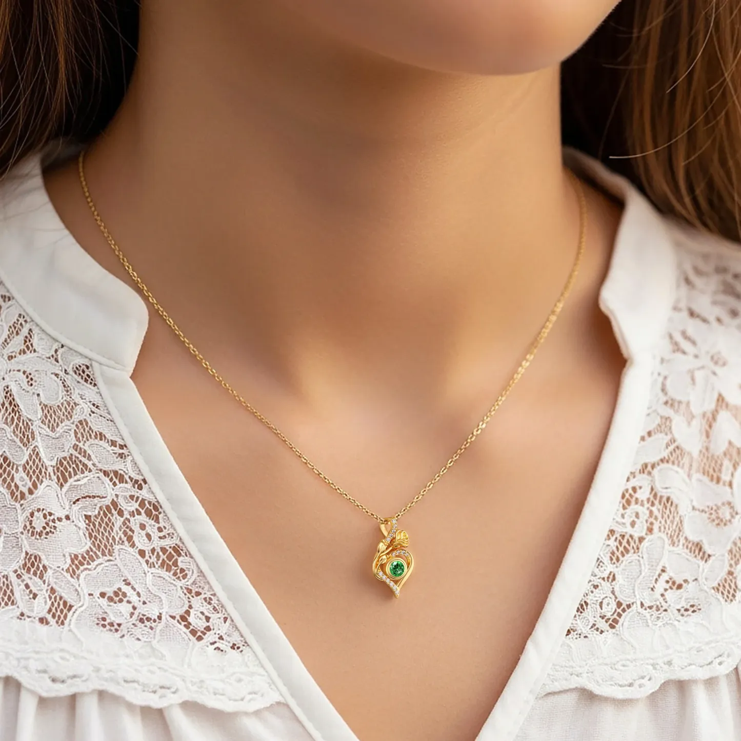 Custom Round Birthstone Rose Heart Shape Necklace with Pavé Accents