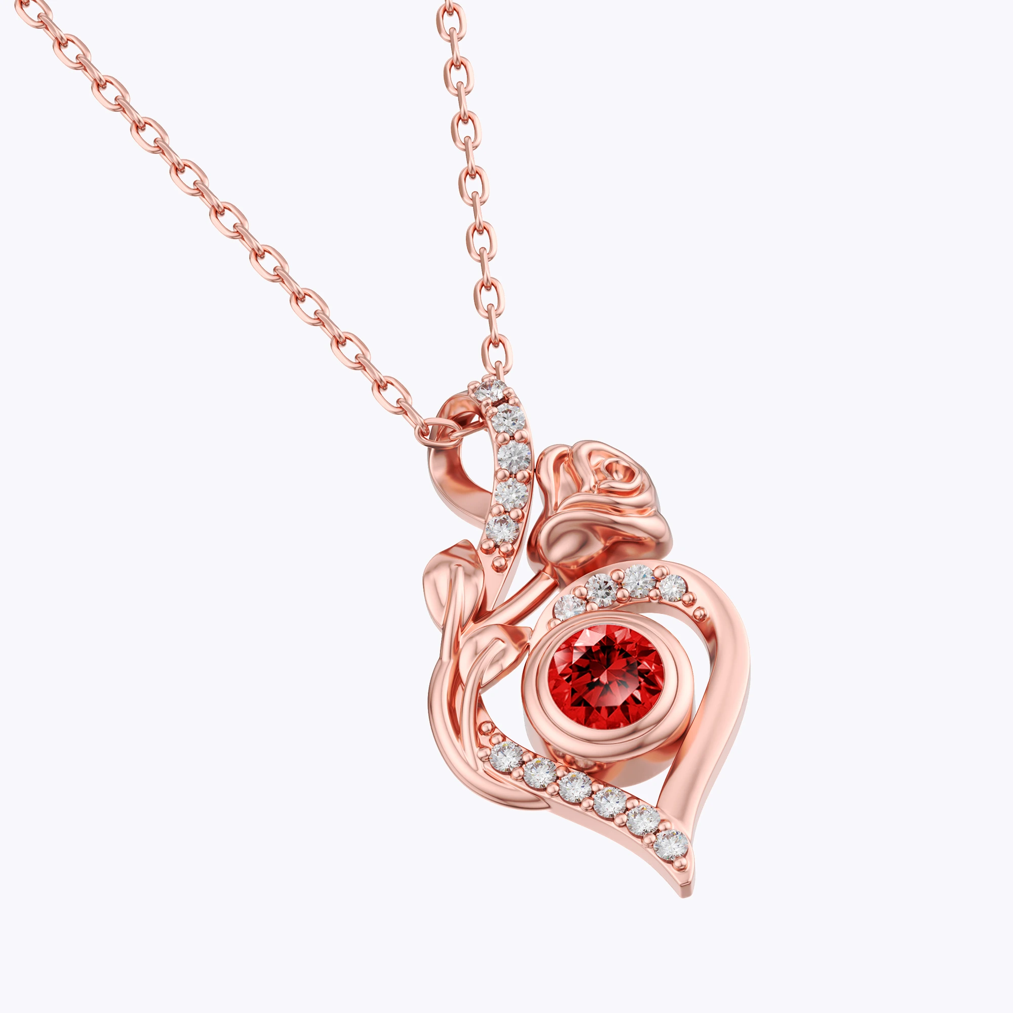 Custom Round Birthstone Rose Heart Shape Necklace with Pavé Accents