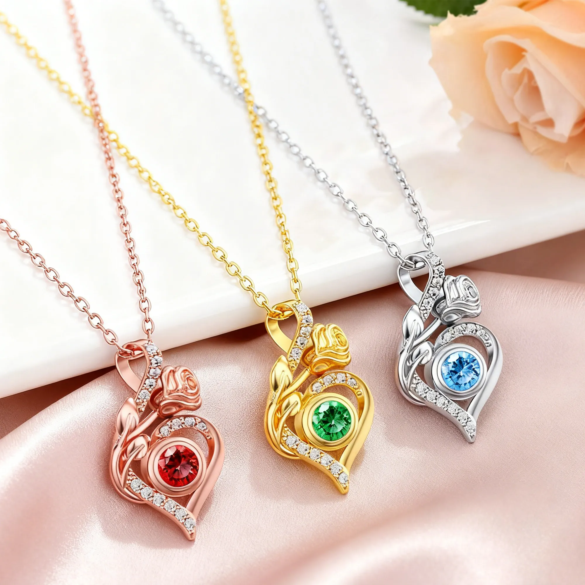 Custom Round Birthstone Rose Heart Shape Necklace with Pavé Accents