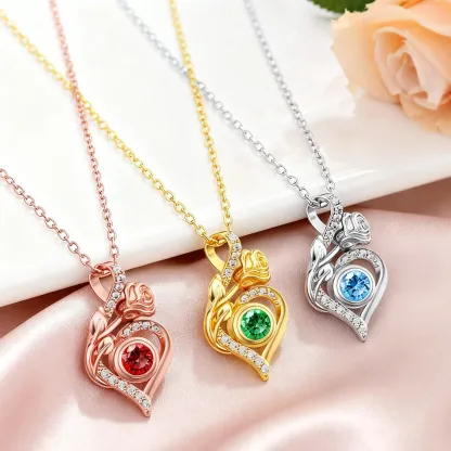 Custom Round Birthstone Rose Heart Shape Necklace with Pavé Accents