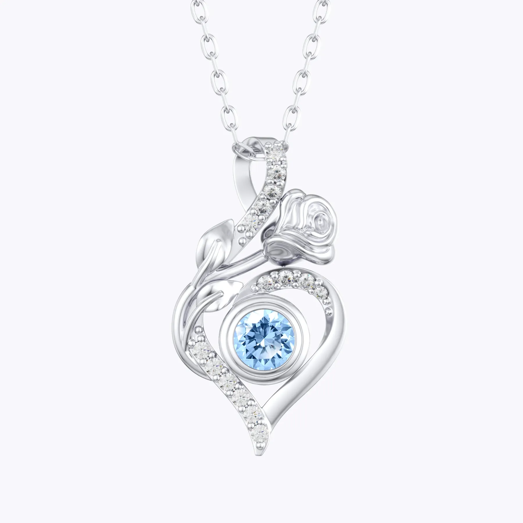 Custom Round Birthstone Rose Heart Shape Necklace with Pavé Accents