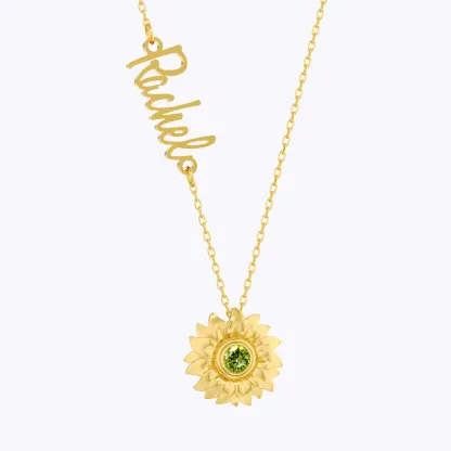 Custom Round Birthstone Sunflower Name Necklace