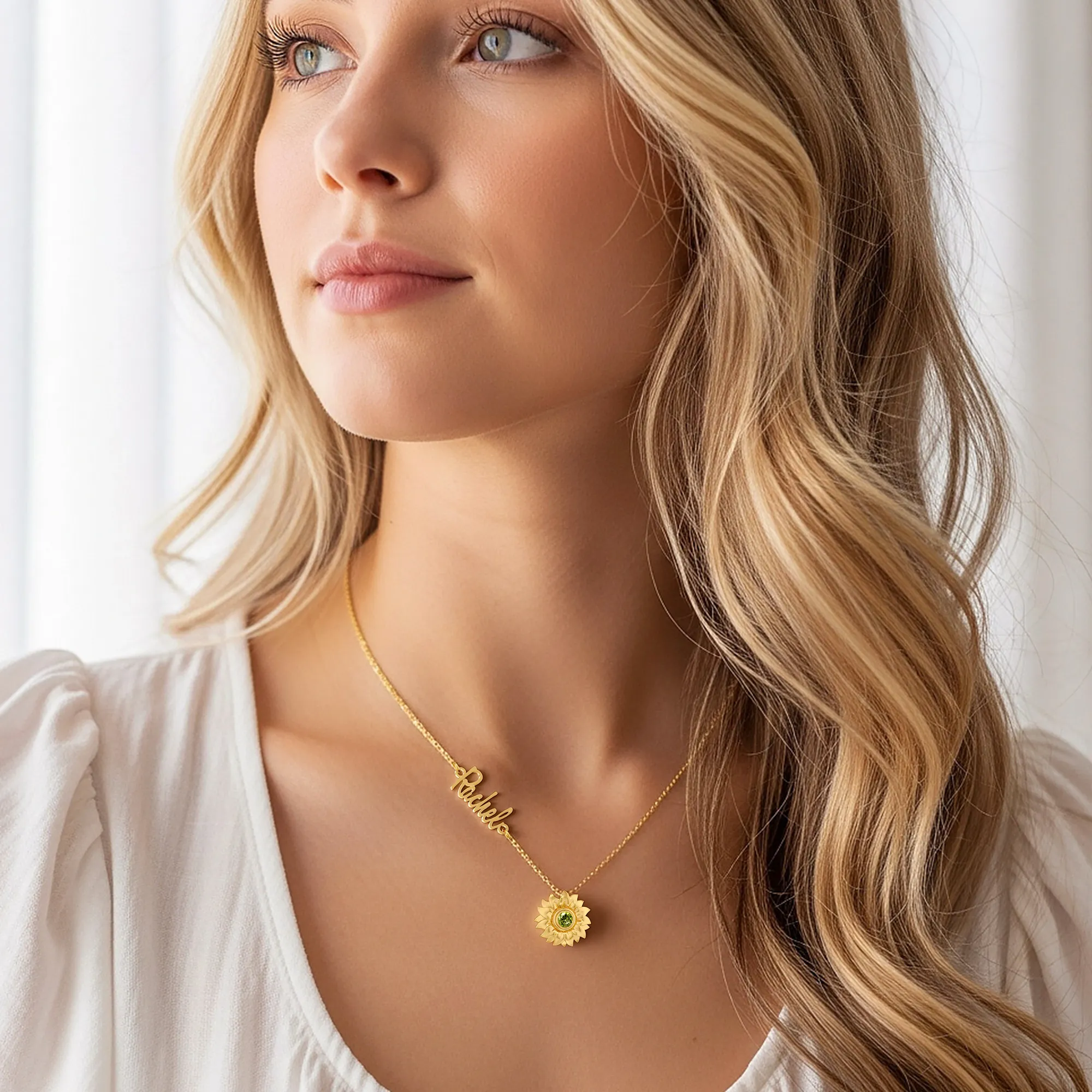 Custom Round Birthstone Sunflower Name Necklace