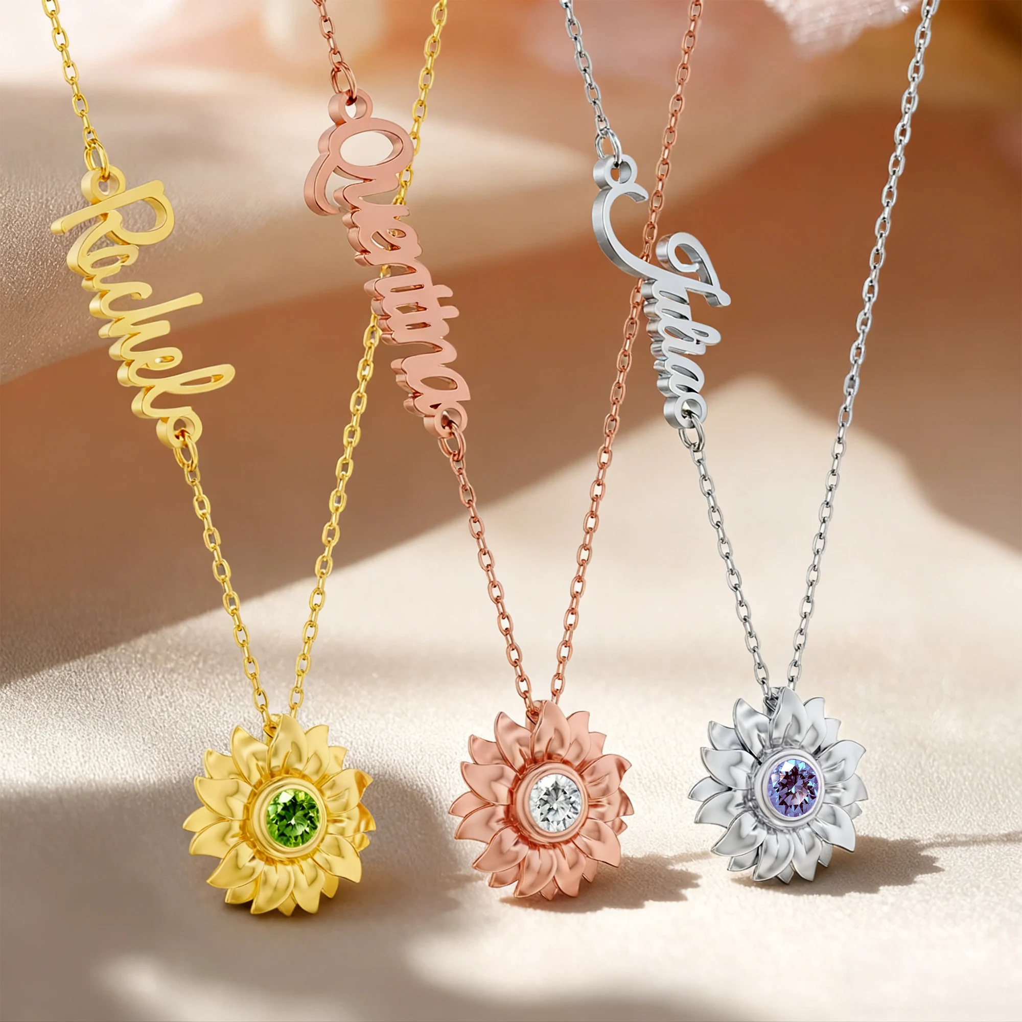 Custom Round Birthstone Sunflower Name Necklace
