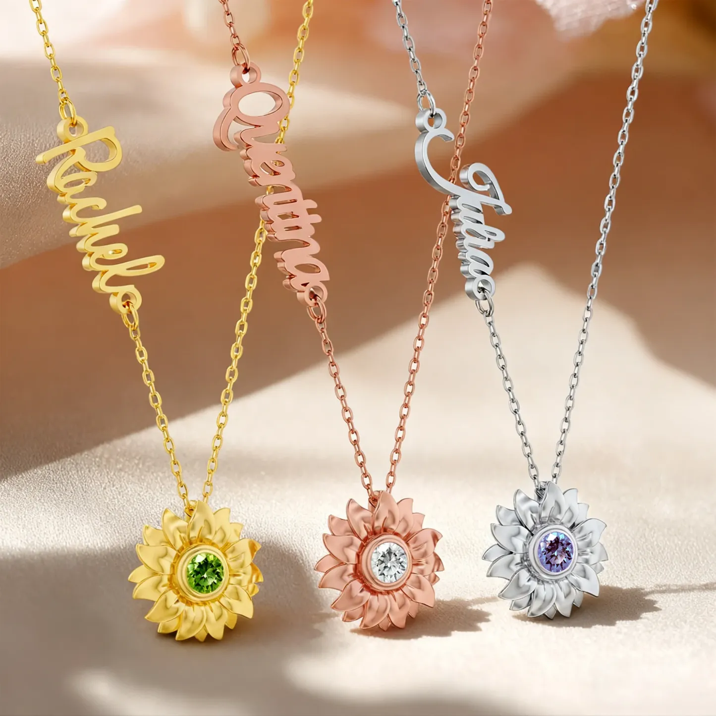 Custom Round Birthstone Sunflower Name Necklace
