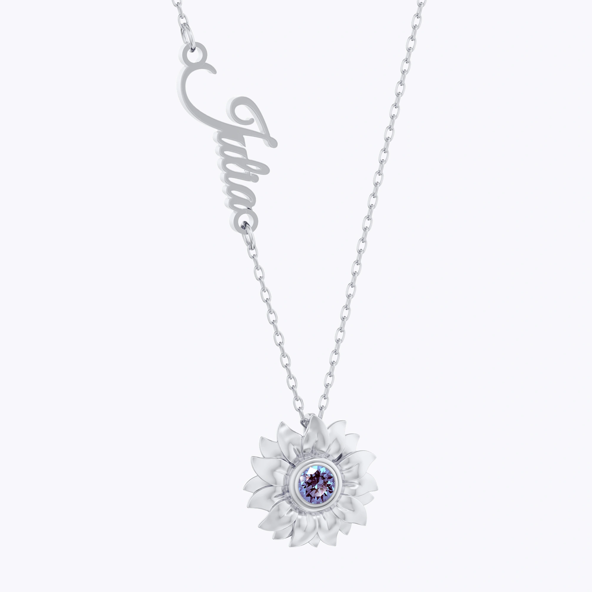 Custom Round Birthstone Sunflower Name Necklace