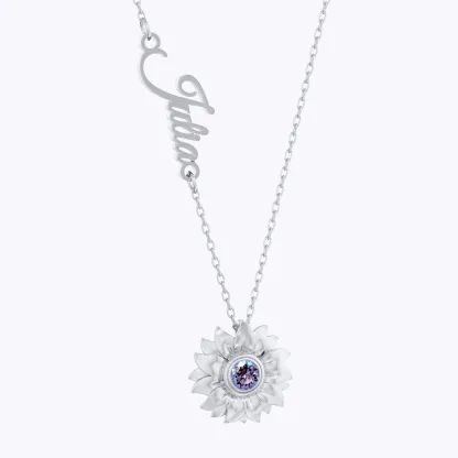 Custom Round Birthstone Sunflower Name Necklace