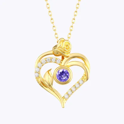 Custom Round Birthstone Heart Shape Rose Necklace with Pavé Accents