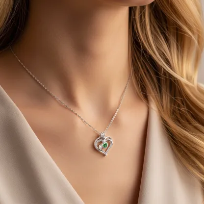 Custom Round Birthstone Heart Shape Rose Necklace with Pavé Accents