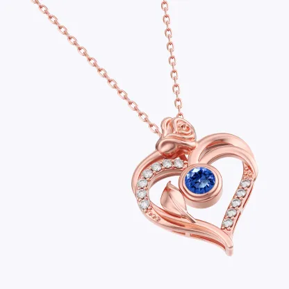 Custom Round Birthstone Heart Shape Rose Necklace with Pavé Accents