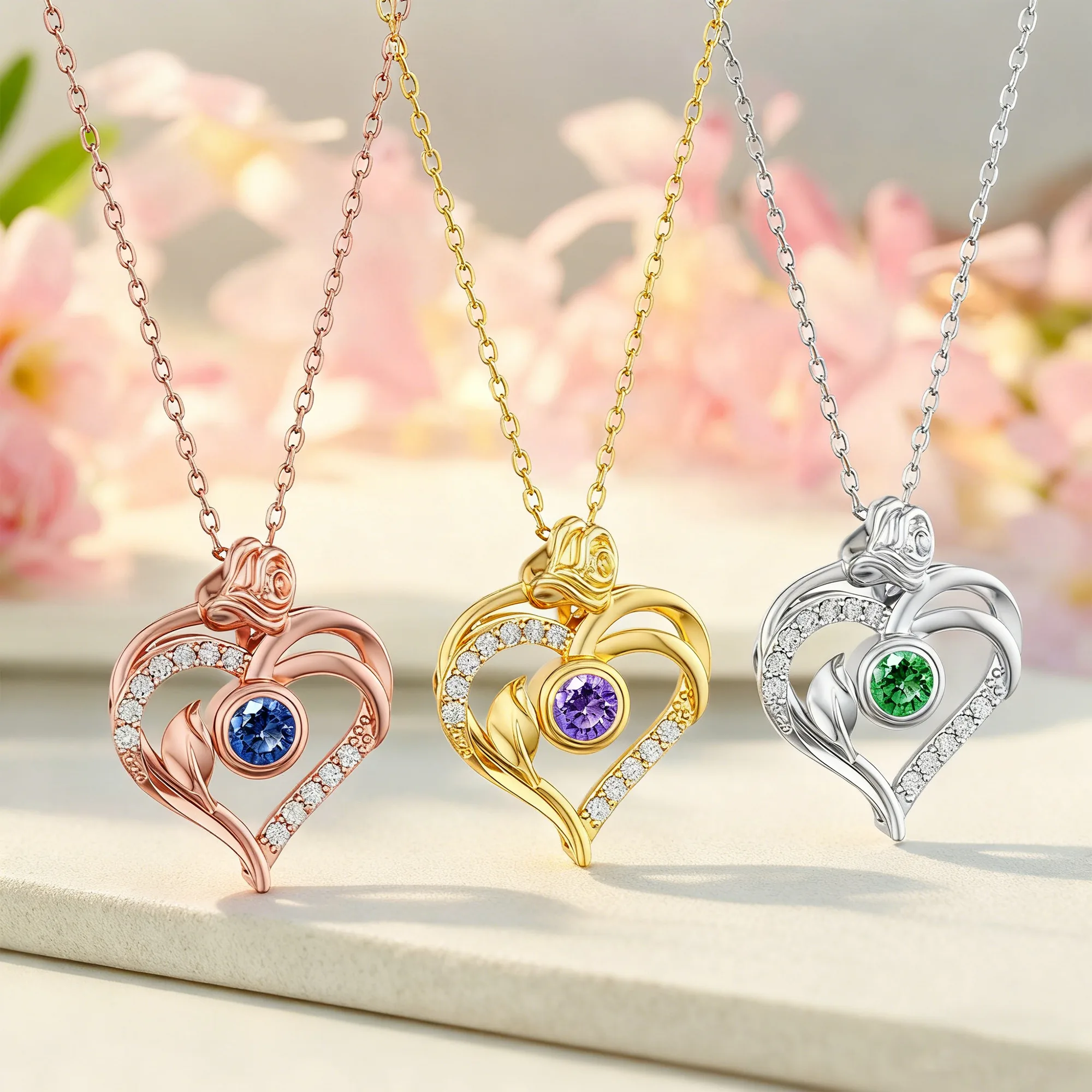 Custom Round Birthstone Heart Shape Rose Necklace with Pavé Accents