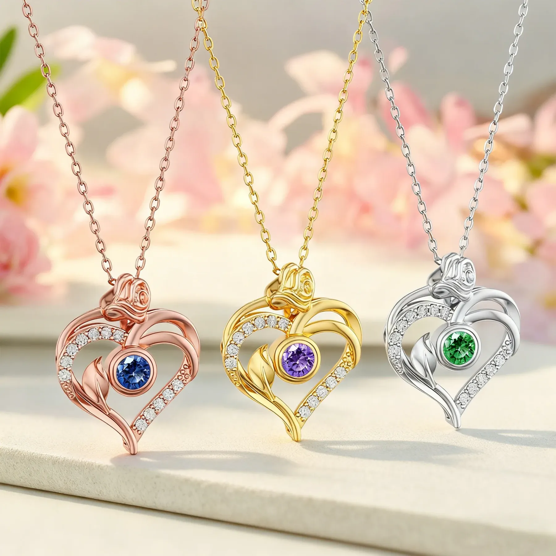 Custom Round Birthstone Heart Shape Rose Necklace with Pavé Accents
