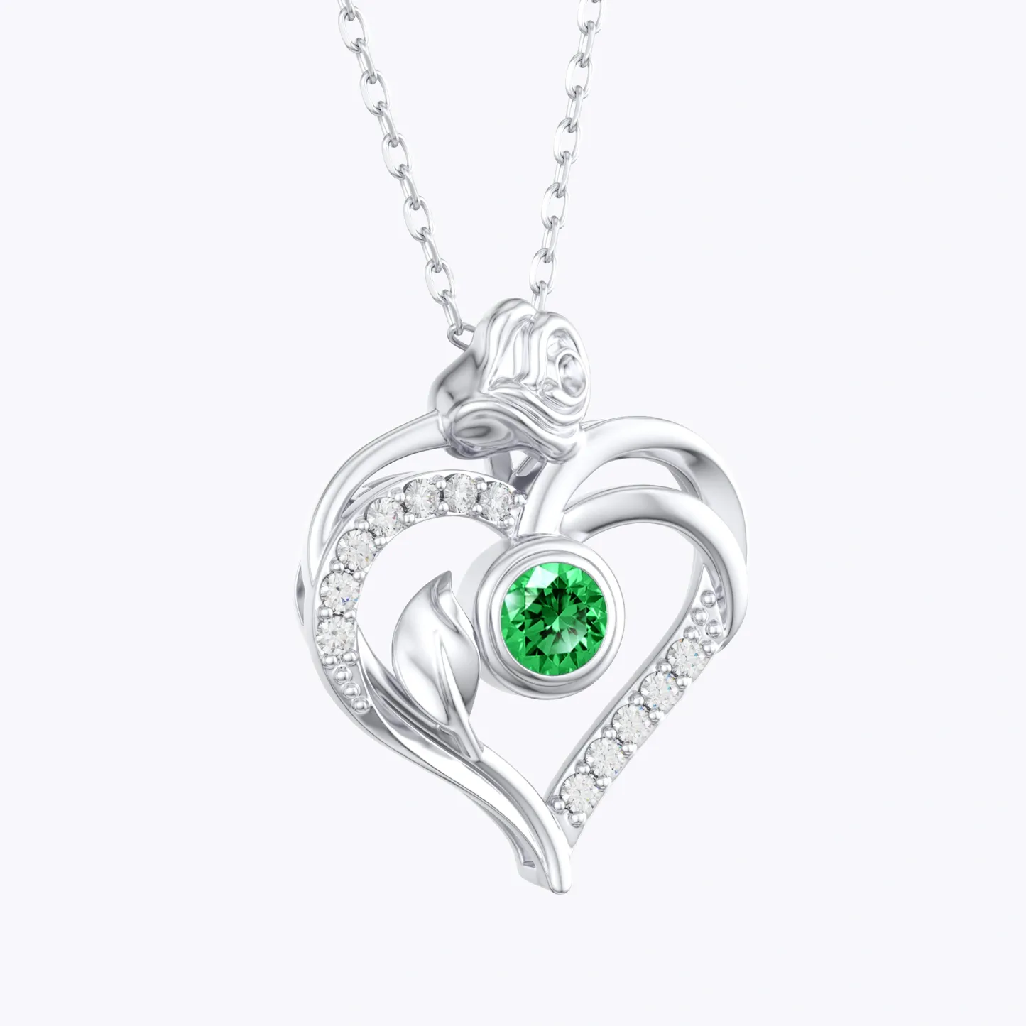 Custom Round Birthstone Heart Shape Rose Necklace with Pavé Accents