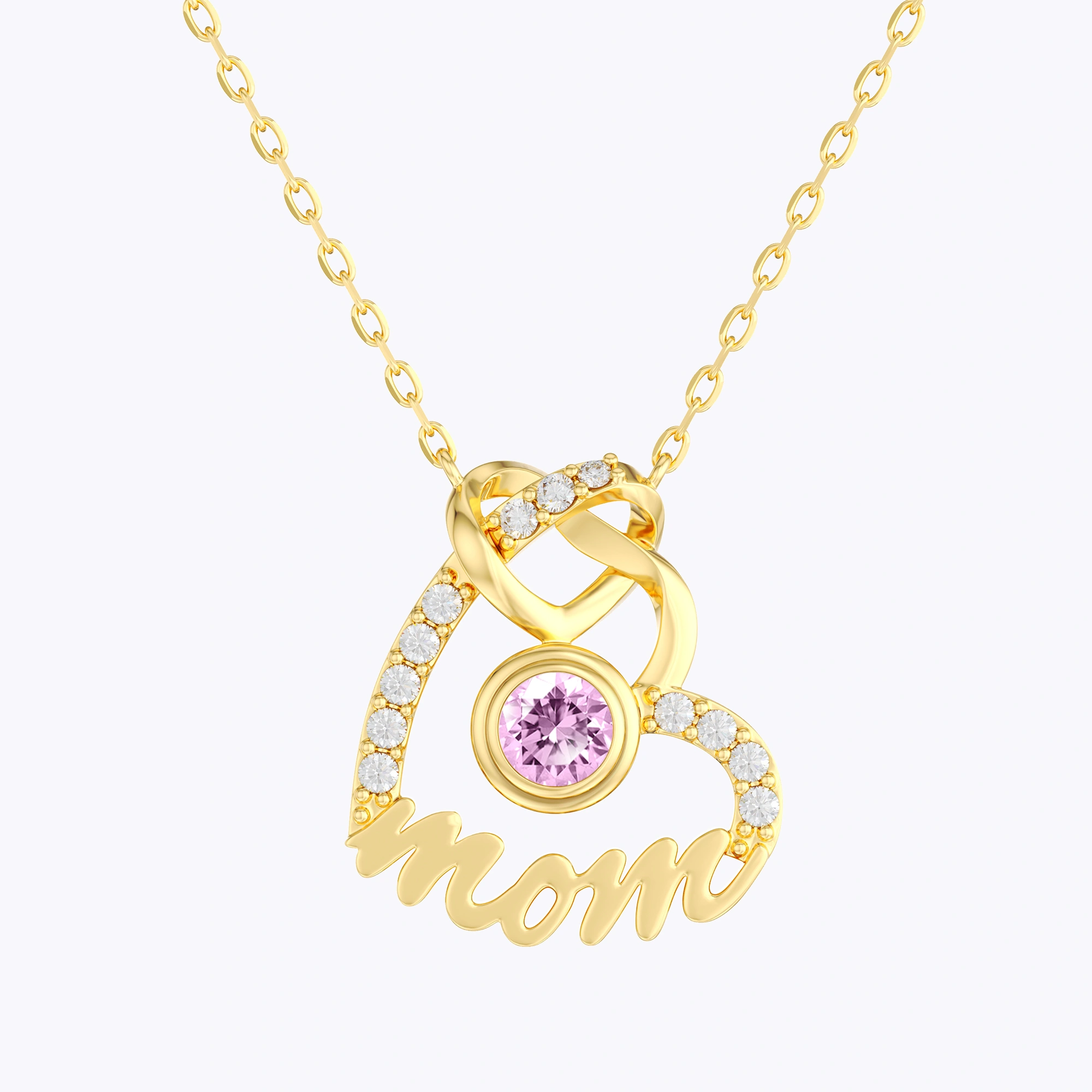 Custom Round Birthstone Double Heart Shape Name Necklace with Pavé Accents
